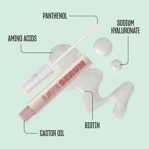 Amplifying Brow Serum with labeled ingredients including castor oil, biotin, and amino acids
