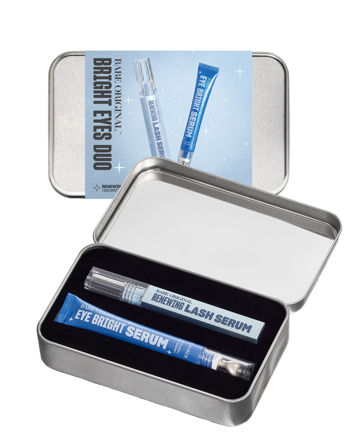 Bright Eyes Duo holiday tin open showing Renewing Lash Serum and Eye Bright Under-Eye Serum