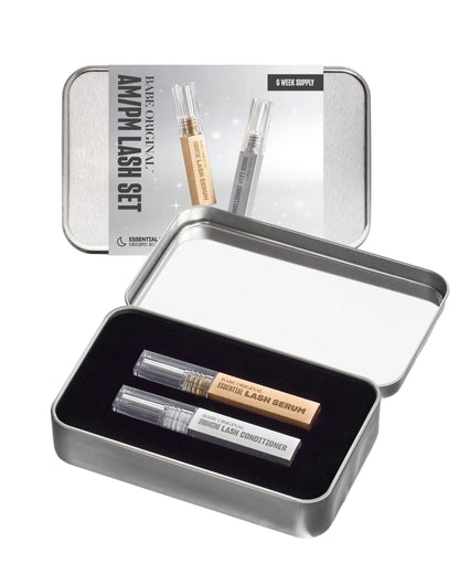 AM/PM Mini Lash Set holiday tin open showing mini Essential Lash Serum and Enhancing Lash Conditioner