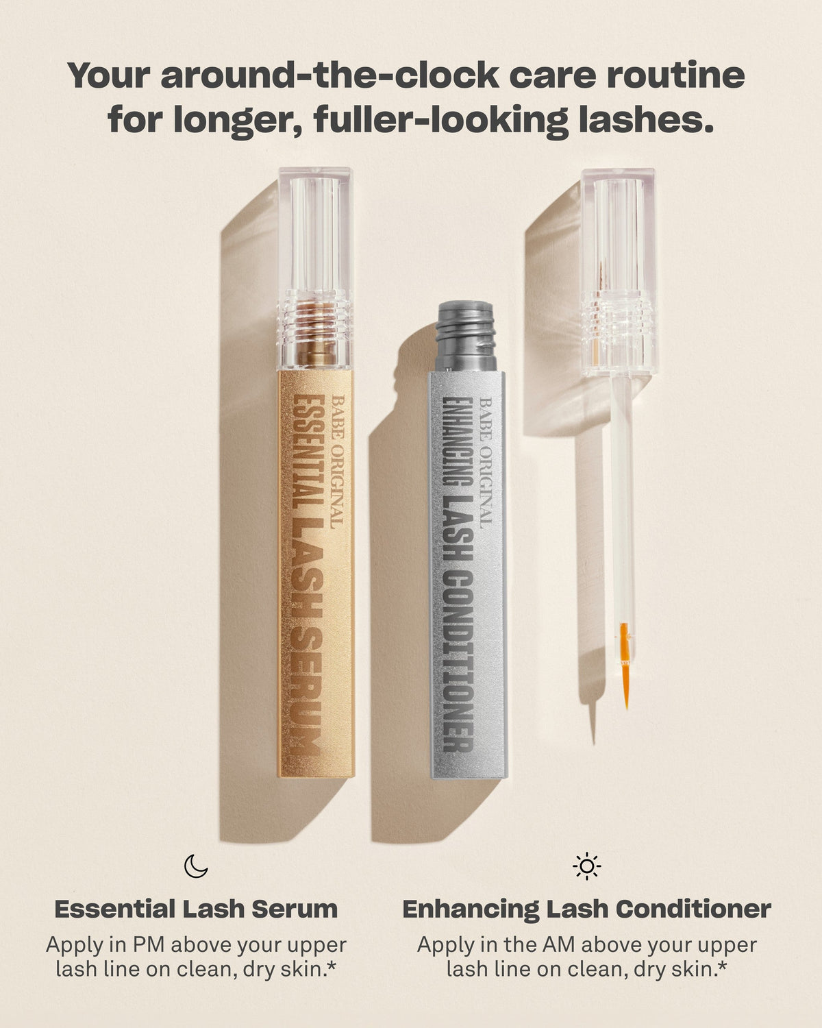 How to use: Essential Lash Serum at night and Enhancing Lash Conditioner in the morning