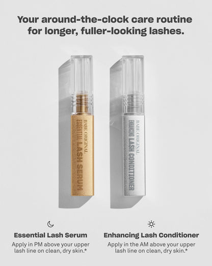How to use: Essential Lash Serum at night and Enhancing Lash Conditioner in the morning