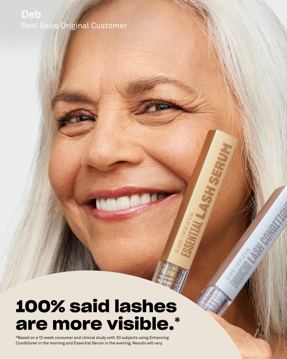 Customer holding Essential Lash Serum next to her lashes